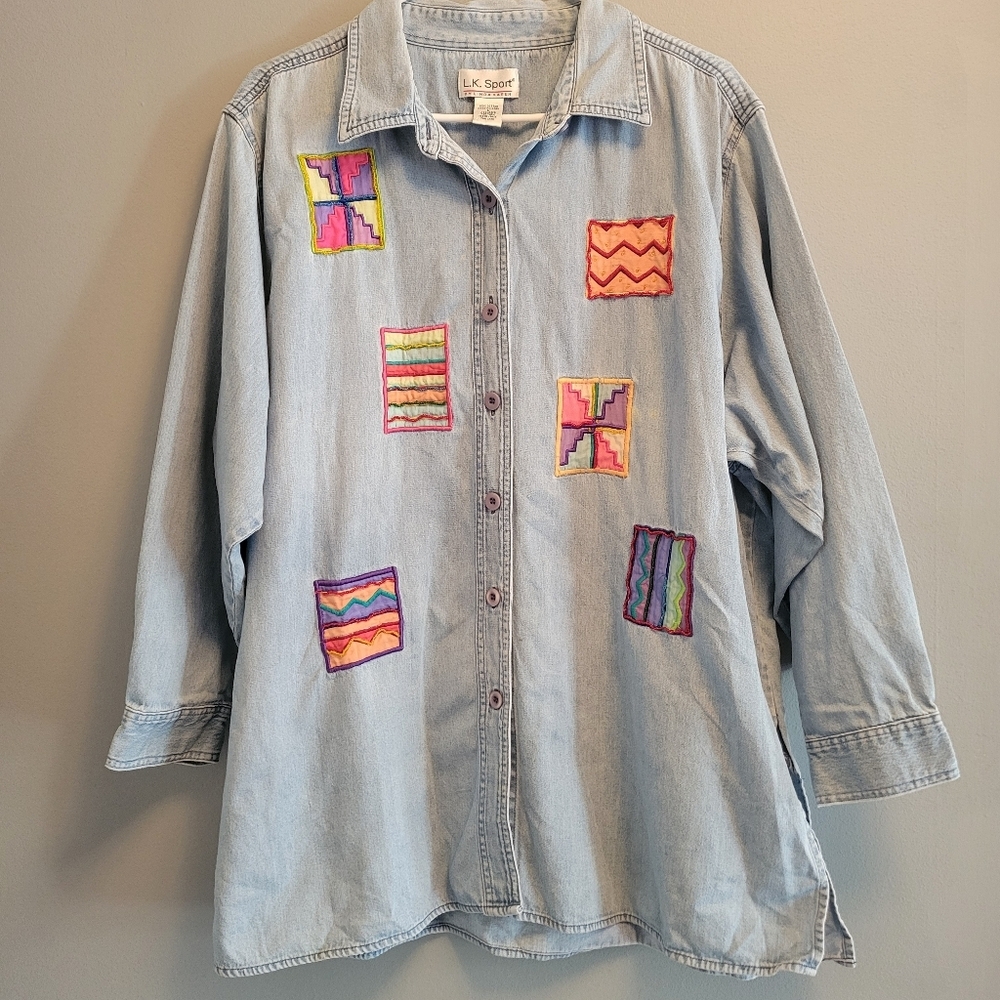 Vintage 90s Patchwork Denim Shirt Large Beaded Boho Art Teacher Chic - Picture 2 of 12